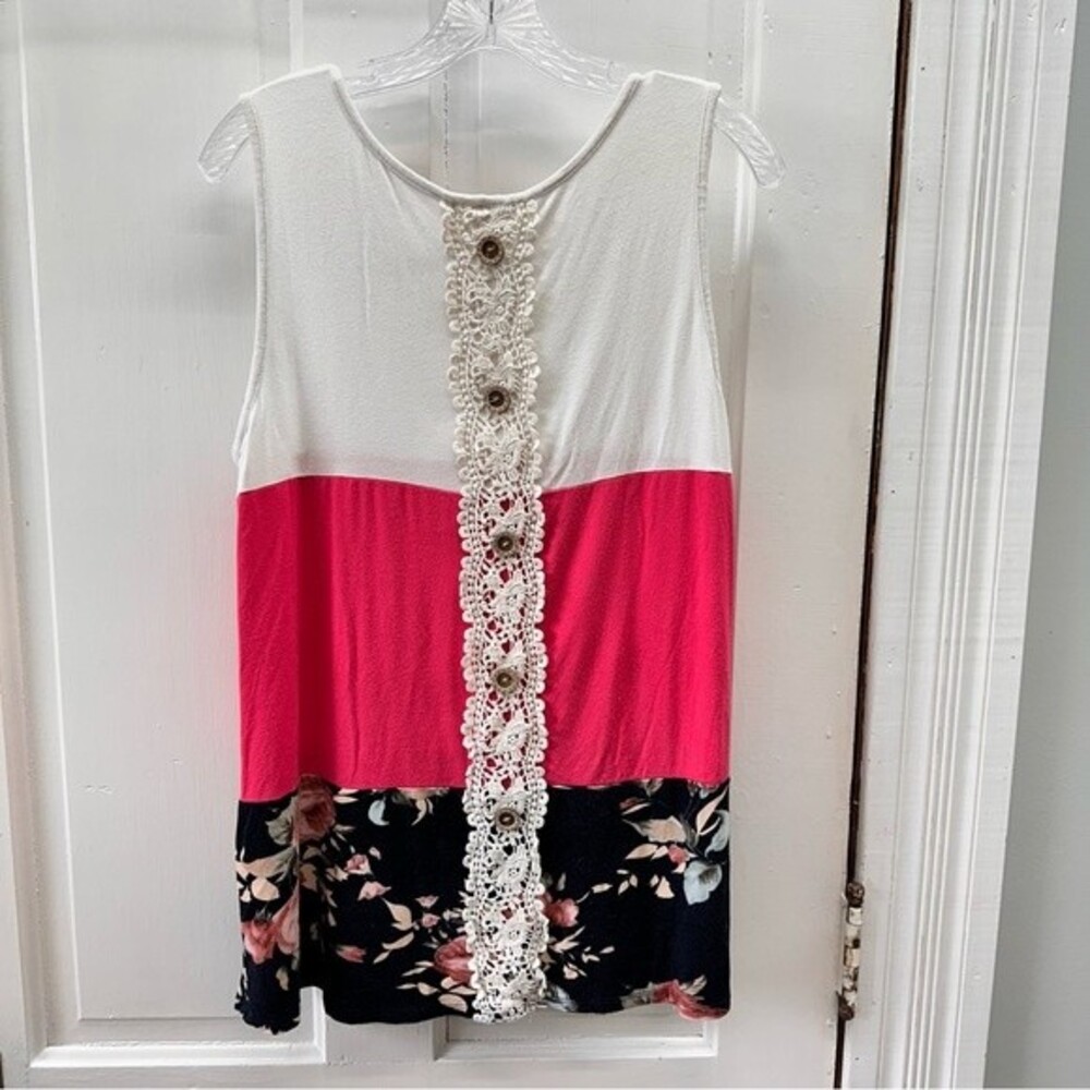 Vanilla Bay Women Large White Pink Floral Lace Wood Button Tank Top Blouse